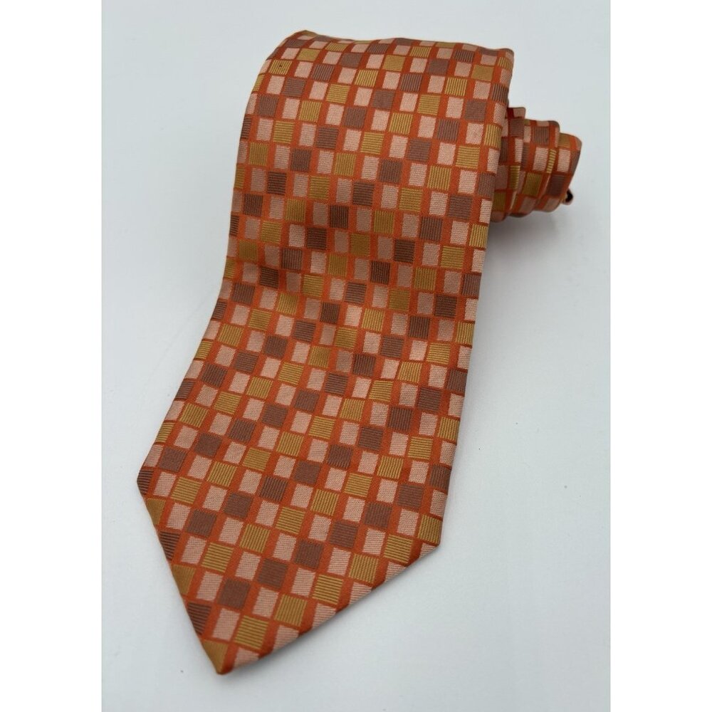 HUGO BOSS Men's 100% Silk Necktie ITALY Designer Geometric Orange/Pink Box  EUC
